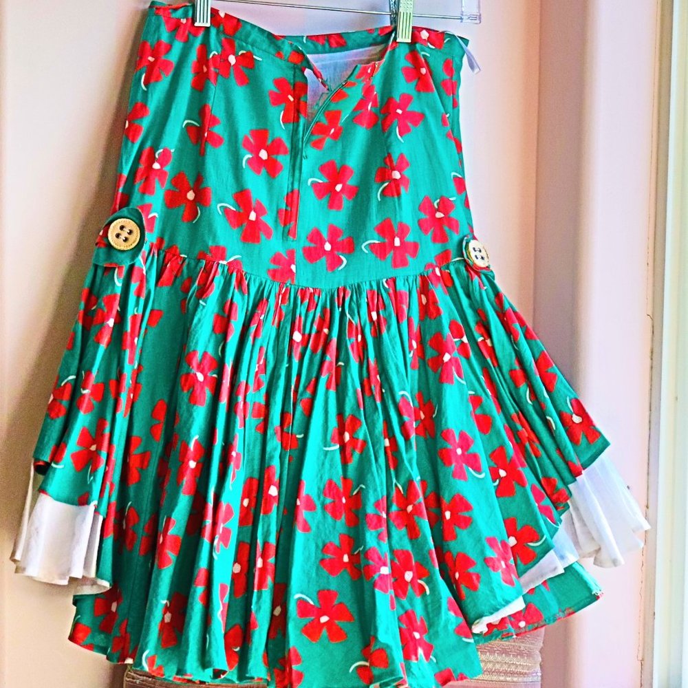 Green and Red Floral A-Line Skirt